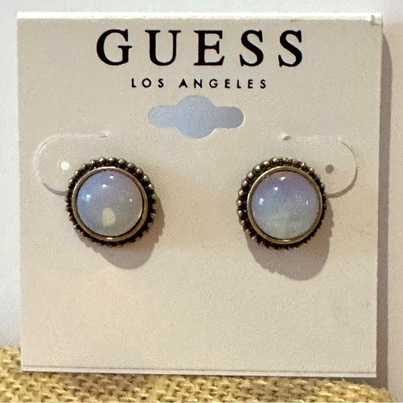 NWT GUESS Earrings - gold tone post back w/center round iridescent moonstone - Picture 2 of 8